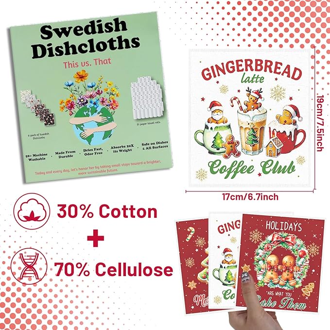 Christmas Swedish Dishcloths for Kitchen - 6PCS Gingerbread Christmas Swedish Cloths for Washing Dishes, Gingerbread Candy Reusable Dish Towels Gifts, Xmas Washable Cleaning Sponge for Home