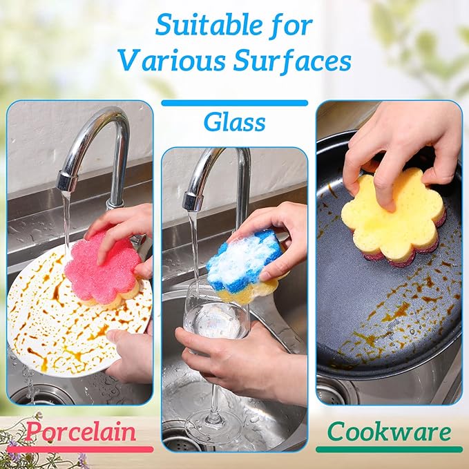 3pcs Scrubbies for Dishes, Dish Washing Sponge, Dual-Sided Temperature Scrubby Sponges, Flower Dual-Sided Sponge for Dish, Bathroom, Kitchen, Washing & Plus, Multipurpose