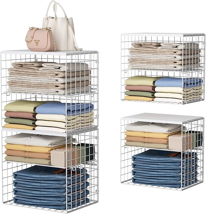 4-Tier Stackable Closet Organizers and Storage Shelves, Closet Storage Basket with Wood Tops, Adjustable Height Dividers Closet Storage Bins for Home Closet Organizer System, White
