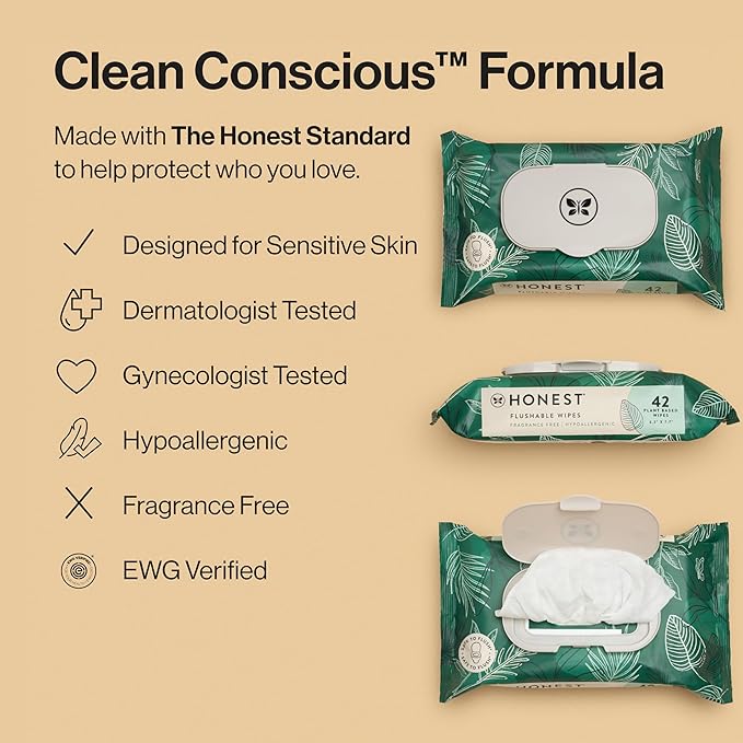 The Honest Company Flushable Wipes for Sensitive Skin | Fragrance Free, Hypoallergenic, 99% Water, Safe to Flush | pH Balanced Feminine Wipes | Tropical Leaves, 336 Count