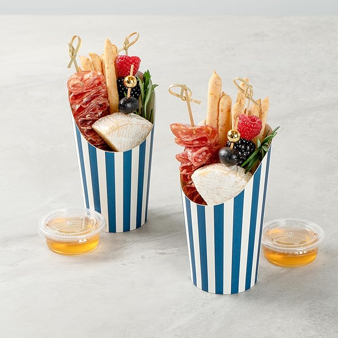 Restaurantware Bio Tek 16 Ounce French Fry Containers 100 Disposable Charcuterie Cups - Incline Design Round Striped Paper French Fry Cups Stackable For Waffles Chips or Popcorn