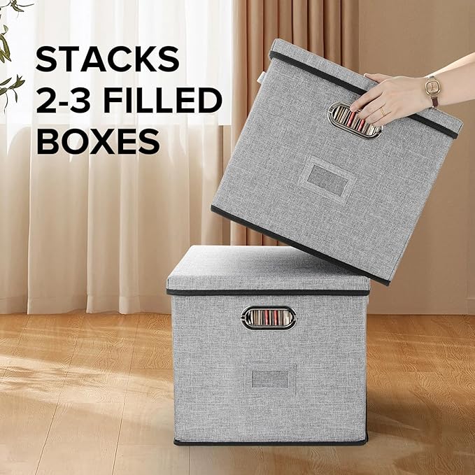Vinyl Record Storage Box Hold 100+ 12" Albums Stackable LP Storage Bin with Lid Record Holder Protect Albums, CDs, Books, Magzine, Files