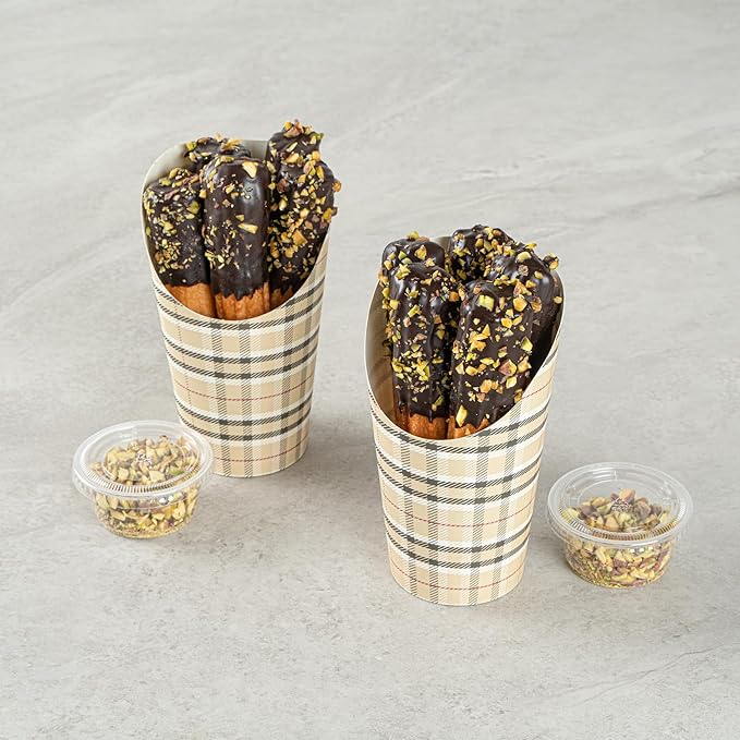 Restaurantware Bio Tek 16 Ounce French Fry Containers, 100 Disposable Charcuterie Cups - Incline Design, Round, Plaid Paper French Fry Cups, Stackable, For Waffles, Chips, or Popcorn