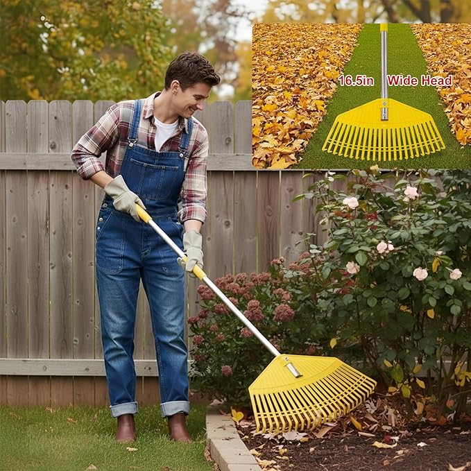 Lightweight Leaf Rake for Lawn & Garden - Durable Nylon Plastic Head, Easy Yard Cleanup for Women, Seniors & Kids, 16.5" Wide Rake for Leaves, Grass & Pine Needles, Adjustable Handle 35–50"