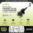 Sun Joe 24V-TLR-LTE 24-Volt Amp Cordless Garden Tiller + Cultivator, Kit (w/2.0-Ah Battery + Quick Charger)