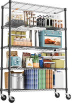 M MZG 1750LBS 47.2" W 5 Tiers Storage Shelves Metal Shelving Unit with Wheels Heavy Duty Garage Shelving Adjustable Wire Shelves for Pantry,Kitchen,Garage,Basement,Black 17.7" D x 47.2" W x 76.8" H