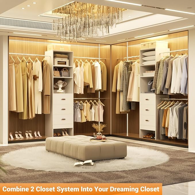 Homieasy 96 Inches Closet Organizer System, 8FT Customizable Walk In Closet Organizer with Hanging Rods, 3 Drawers Garment Rack with Leather Handle , 96" L x 16" W x 75" H, Max Load 1000 LBS, White