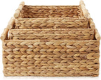 Casafield Set of 3 Water Hyacinth Rectangular Storage Baskets with Wooden Handles - Small, Medium, and Large Woven Nesting Baskets for Organizing
