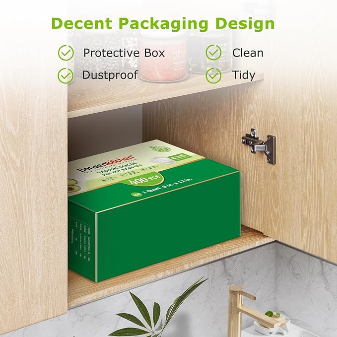 Bonsenkitchen Vacuum Sealer Bags,400 Quart 8" x 12" Precut Food Sealer Bags, Commercial Grade, BPA Free, Heavy Duty, Customized Size Vacuum Bags for Vac Storage, Meal Prep or Sous Vide Cooking, VB14