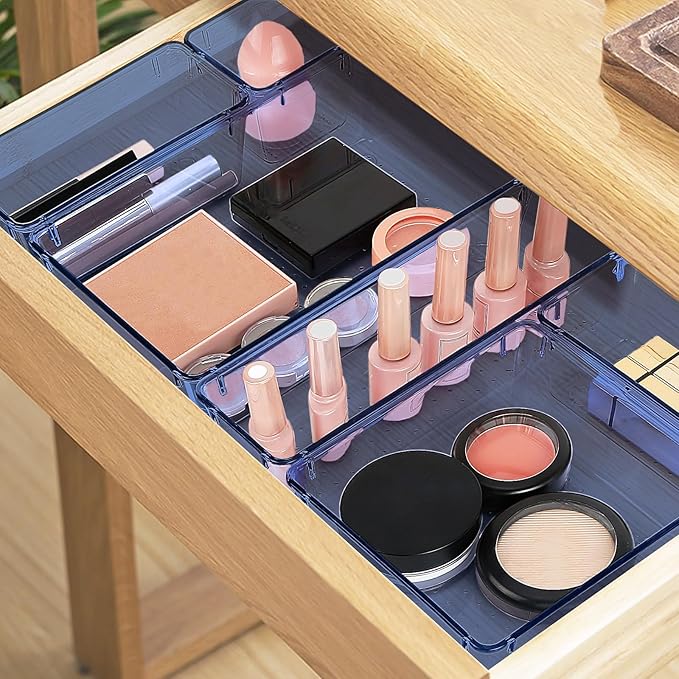 StorMiracle 10 PCS Drawer Organizer Set, 5 Varied Size Bathroom and kitchen Drawer cabinet organizer Trays, Clear Storage Bins for Makeup, Jewelry, Utensils and Gadgets, Dark Blue