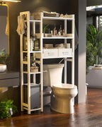 Besiost Over The Toilet Storage with 2 Drawers - 7 Tier Bathroom Organizer with Adjustable Shelf, Freestanding Space Saver Storage Rack Above Toilet Stand with 4 Hooks for Restroom, Laundry, White