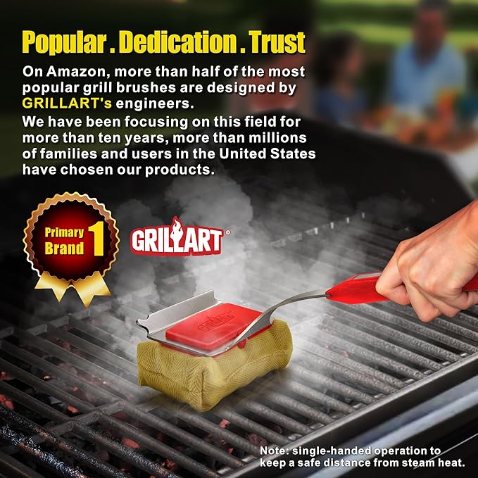 GRILLART Grill Brush Bristle Free. SteamWizards BBQ Replaceable Cleaning Head, Unique Seamless-Fit Scraper Tool for Cast Iron/Stainless-Steel Grates, Safe Barbecue Grill Cleaner-Red