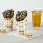 Restaurantware Bio Tek 16 Ounce French Fry Containers, 100 Disposable Charcuterie Cups - Incline Design, Round, Plaid Paper French Fry Cups, Stackable, For Waffles, Chips, or Popcorn