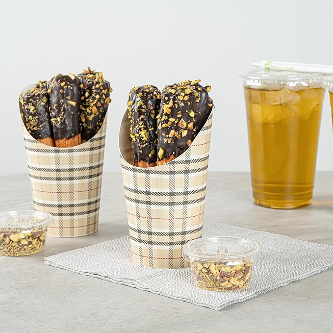 Restaurantware Bio Tek 16 Ounce French Fry Containers, 100 Disposable Charcuterie Cups - Incline Design, Round, Plaid Paper French Fry Cups, Stackable, For Waffles, Chips, or Popcorn