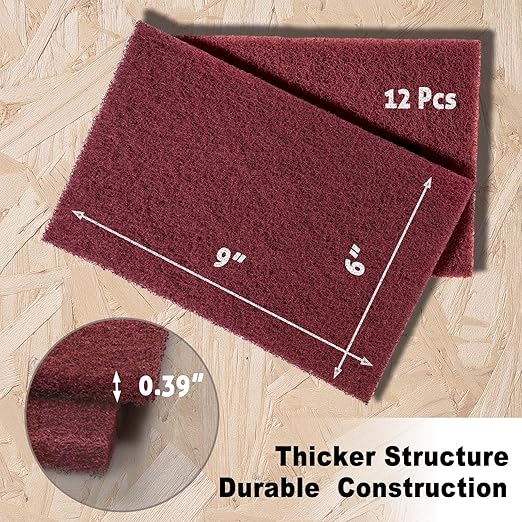 12-Pack 6"x9" Non-Woven Red Scuff Pads - Maroon P320 Aluminum Oxide Abrasive for Scouring, Sanding, Paint Primer Prep - Automotive, Auto Body, Woodworking, Surface Preparation (Maroon)
