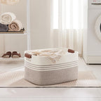 60L Large Laundry Basket with Leather Handles for Living Room Storage, Woven Rope Baskets Bin for Blanket, Kids Toy, Gifts, Wicker Hamper for Bedroom Dirty Clothes, White Brown