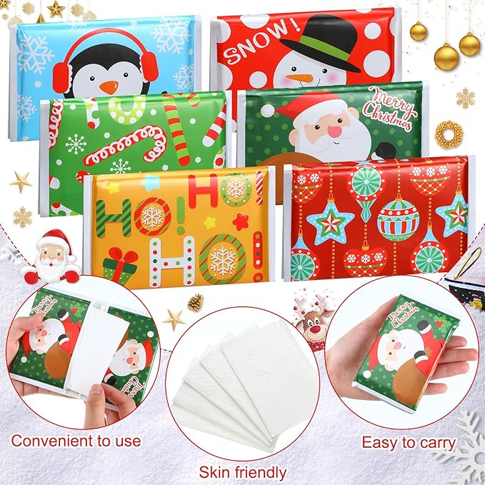 24 Packs Travel Size Tissue Pocket Slim Pack Facial 3 Ply Wallet Size Pocket Tissues for Travel Wedding Party Favors, 6 Styles(Snowman)