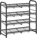 SONGMICS Stackable Shoe Rack, 4 Tier Metal Shoes Rack Storage Shelf, Holds up to 16 Pairs Shoes, Adjustable Slanted Shelves Shoe Tower Organizer for Closet Entryway Small Spaces, Black