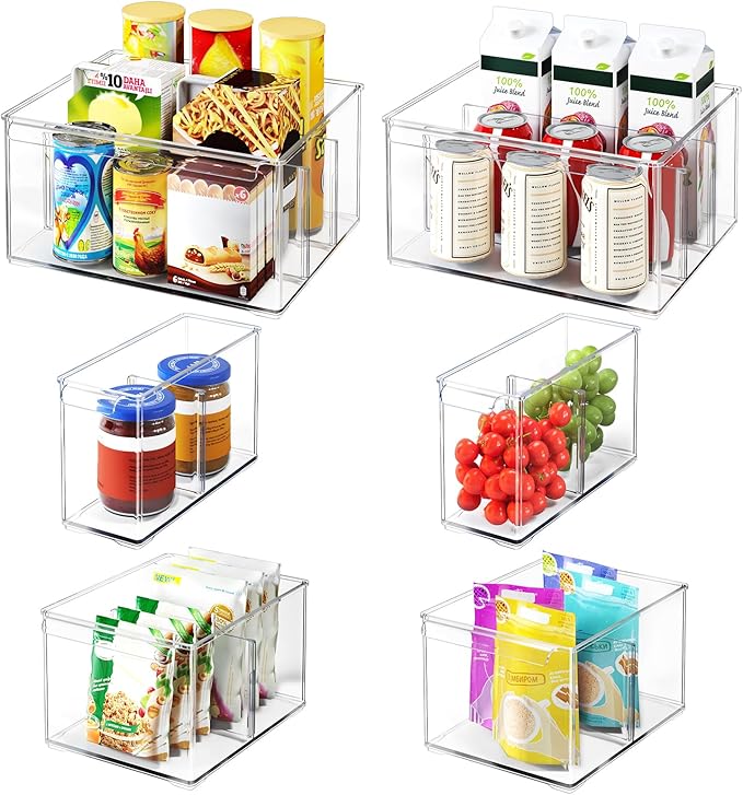 Clear Plastic Storage Bins with Dividers for Kitchen Pantry Organization, 6 Pack Large Thicken Stackable Storage Drawer Boxes for Refrigerator Cabinets Vanity Organizers and Storage, C6-4