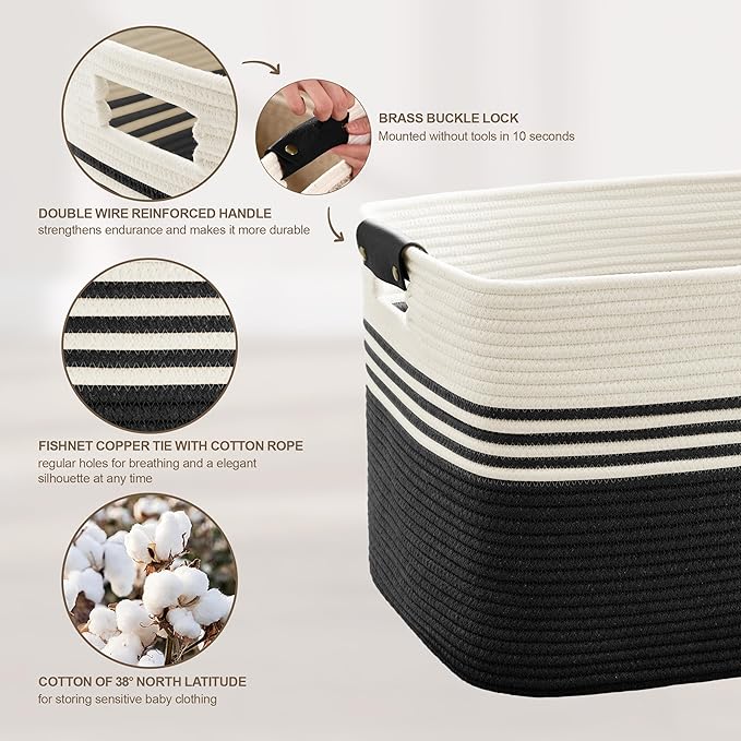 72L Large Laundry Basket with Leather Handles for Living Room Storage, Woven Rope Baskets Bin for Blanket, Kids Toy, Gifts, Wicker Hamper for Bedroom Dirty Clothes, 22"x17"x12" White Black