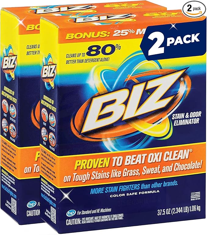 Biz Laundry Detergent Powder, Stain and Odor Eliminator for Tough Stains Like Grass Sweat and Chocolate, Powder Laundry Detergent with 4 Stain Fighters, Color Safe, Unscented, 2 Pack, 75 Oz Total