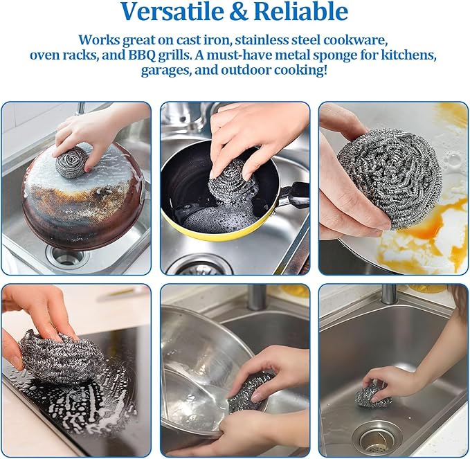 Steel Wool Scrubber Heavy-Duty Stainless Steel Scrubber Pads for Pots, Pans, Grills, and Stovetops 1.06oz, Ideal for Home and Commercial Use (6-Pack)