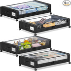 YAASHEEN Under Bed Storage with Wheels, 4-Pack Under the Bed Storage Containers with Clear Lids & Label, Underbed Storage Bins, XXL 60L Rolling Metal Drawer for Clothes, Shoes, Toys, Books - Black