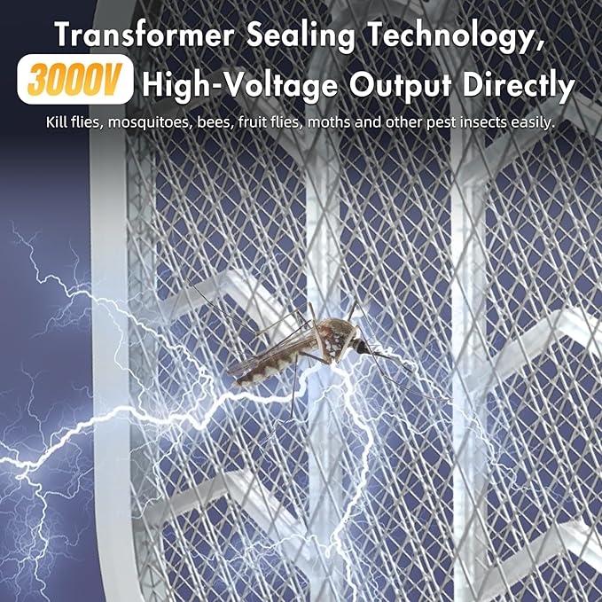 Lulant Electric Fly Swatter Racket,3000V Bug Zapper Racket,1800mA Battery Rechargeable Mosquito Killer, Type-C Rechargeable Base, Three-Layer Protective Safety Mesh for Indoor and Outdoor