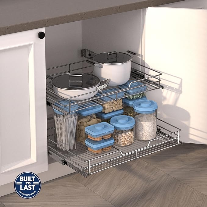 (23" W x 22" D Cabinet Pull Out Shelves, 2-Tier | Heavy Duty Kitchen Pull Out Shelves for Wide Cabinets, 22 Inch Deep Sliding Cabinet Organizer