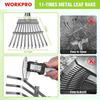 WORKPRO Rake, Small Rake for Leaves with 72” Adjustable Long Handle, 11 Steel Tines, Heavy Duty Metal Leaf Rakes for Garden, Lawn, Yard, Shrub, Flower Bed, Narrow Rakes 9" Wide Head for Tight Spaces