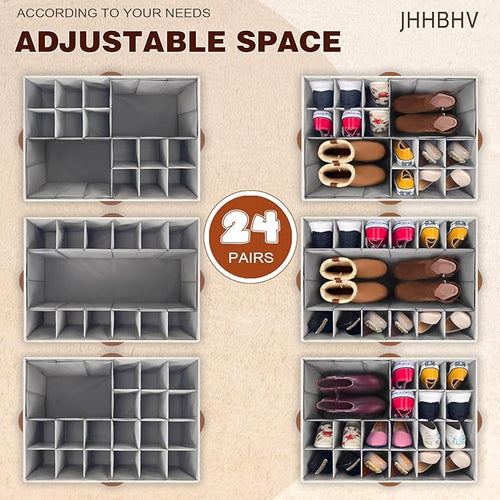 1 Pack Shoe Organizer for Closet, Adjustable Shoe Box Storage Containers, Large Foldable Shoe Bins with Clear Cover, Space Saving Shoes Holder with 4 Handles, Fits 12-24 Pairs, Beige
