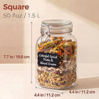 HomArtist Square Glass Jars with Airtight Lid Set of 3, 50 floz Wide Mouth Mason Jars with Clamp Lids,Glass Sealed Jars with Air Tight Lids, Best for Kitchen & Pantry Food Storage