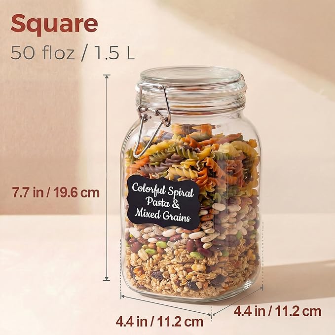 HomArtist Square Glass Jars with Airtight Lid Set of 3, 50 floz Wide Mouth Mason Jars with Clamp Lids,Glass Sealed Jars with Air Tight Lids, Best for Kitchen & Pantry Food Storage