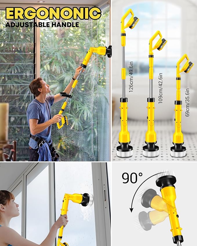 Electric Spin Scrubber with 3+ Hour Long Lasting Battery, 1000W/1200RPM High Power Cordless Clean Brush with 50IN Adjustable Long Handle, 4 Replacement Head for Bath/Tub/Tile/Floor