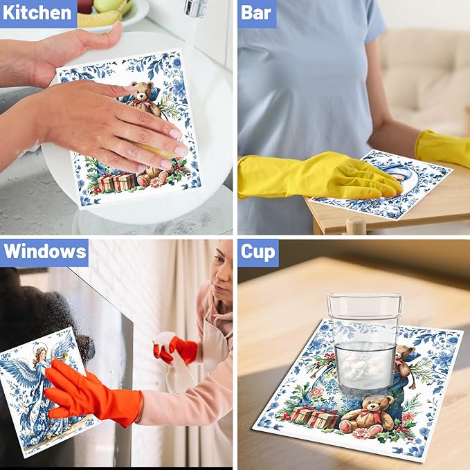 Winter Swedish Dishcloths for Kitchen, 6PCS Christmas Swedish Dish Cloths Gift Set, Vintage Reusable Washable Absorbent Dish Towel for Home Cleaning(7.8 X 7 Inches)