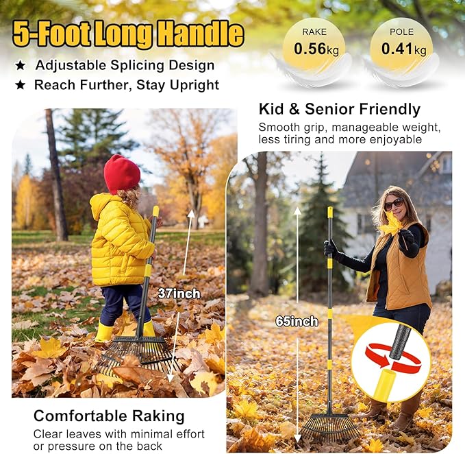 Rake for Leaves: Heavy Duty Metal Leaf Rake with 25 Tines- 18" Wide Head, 79" Splicing Handle, Durable Steel Yard Lawn, Garden,Camping Clean Gardening Tools for Thatch Grass Leaves Gravels Mulch