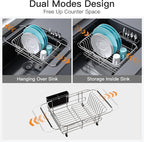 Apartment RV Small Dish Drainer Drying Rack Over The Sink In Stainless Steel for Narrow Kitchen, Counter Space Saving Compact Expandable Metal Plate Dryer Strainer, Modern Above Wire Drain Holder