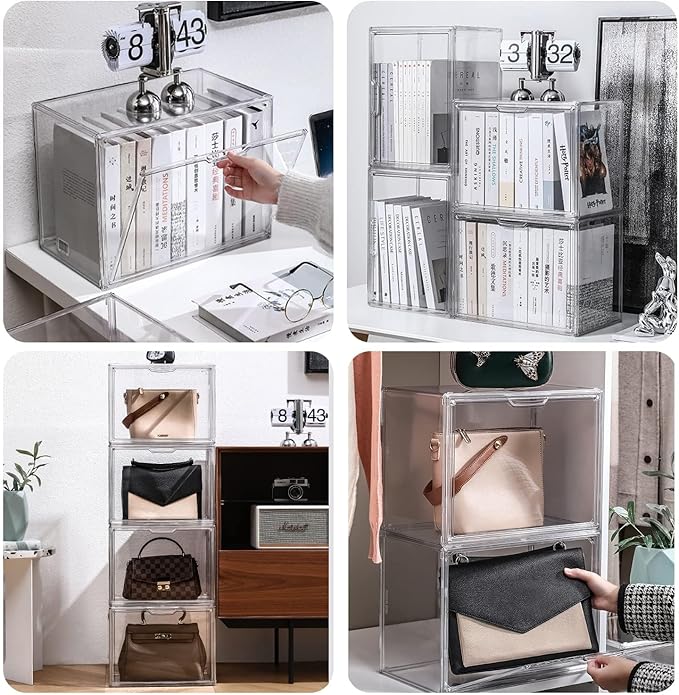 Clear Stackable Plastic Storage Bins with Magnetic Lid, Dustproof Book & Cosmetic Display Cases, Large Figures Collectibles Showcase, Shoe Box, Protection Organizer (L, Count, 1)