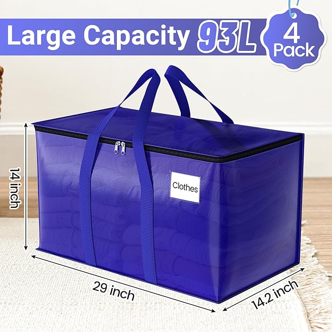 FabSpace Moving Storage Bags, Moving Supplies Packing Boxes for Moving, Camping, College Dorm Room Essentials for Girls, Blue Tote Bags, Heavy-Duty Storage Bins With Lids And Zippers, 93L 4 Pack