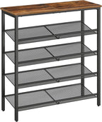 HOOBRO Shoe Rack for Entryway, 5-Tier Shoe Organizer with Adjustable Mesh Shelves, 16-20 Pairs of Shoes, Spacious Floor Mount, Metal, Industrial, Shoe Shelf for Closet, Rustic Brown BF12XJ01
