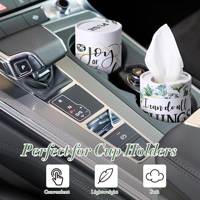 Outus 12 Pcs Greenery Christian Car Tissues Cylinder Holder with 3 Ply Facial Tissue Bulk Eucalyptus Leaves Religious Tissue Holder Travel Tissues Boxes Container for Home Wedding Party Supplies