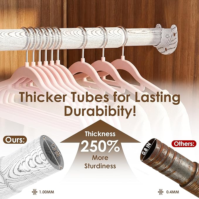 Closet Rod 17-75 Inches，1.3 Inch Diameter Heavy-Duty Adjustable Closet Rods for Hanging Clothes Closet Hanging Rod Metal Closet Poles for Wardrobes Laundry RV Bathroom（White Wood Grain Finish）