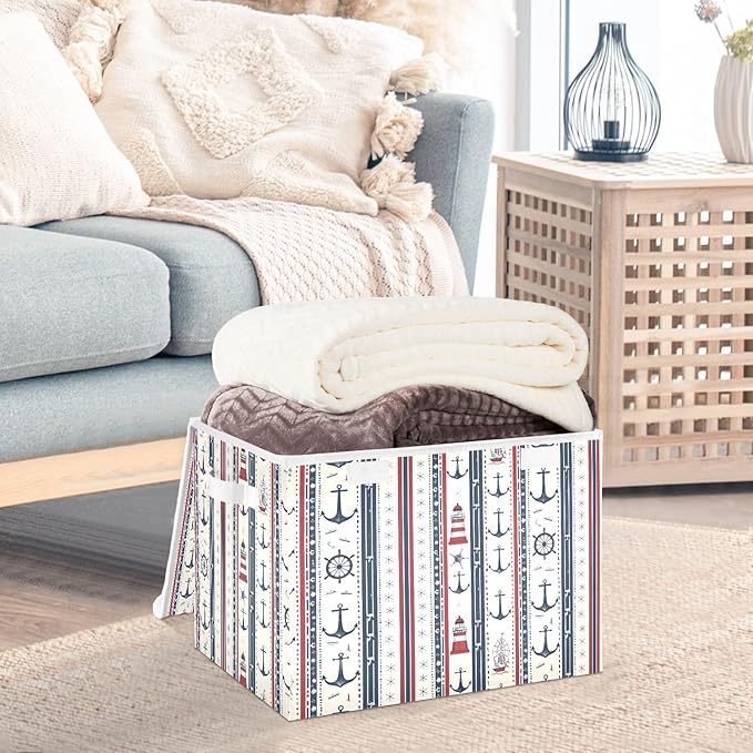 Large Storage Bins with Linen Collapsible Foldable Storage Cubes Fabric Closet Organizer Containers box with Flip-Top Lid for Home Bedroom Office 16.7 x 12.6 x 11.8in (Nautical Theme Anchors Ship)
