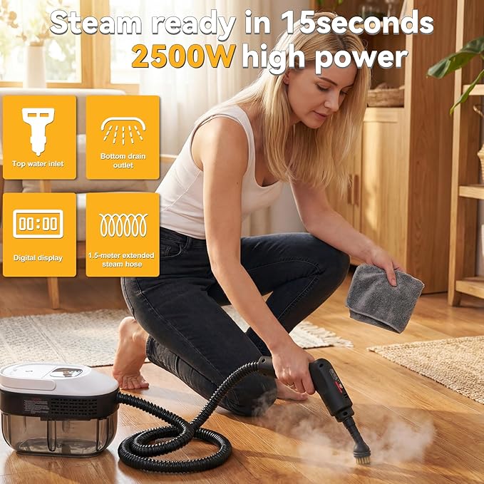 2500W Portable Handheld Steam Cleaner,54oz Large Capacity,3-Level Adjustable Handle,15s Fast Heating Steamer for Cleaning with 20 Pcs Accessories,Plug-and-Play Steam Cleaner for Home,Car,Kitchen,More