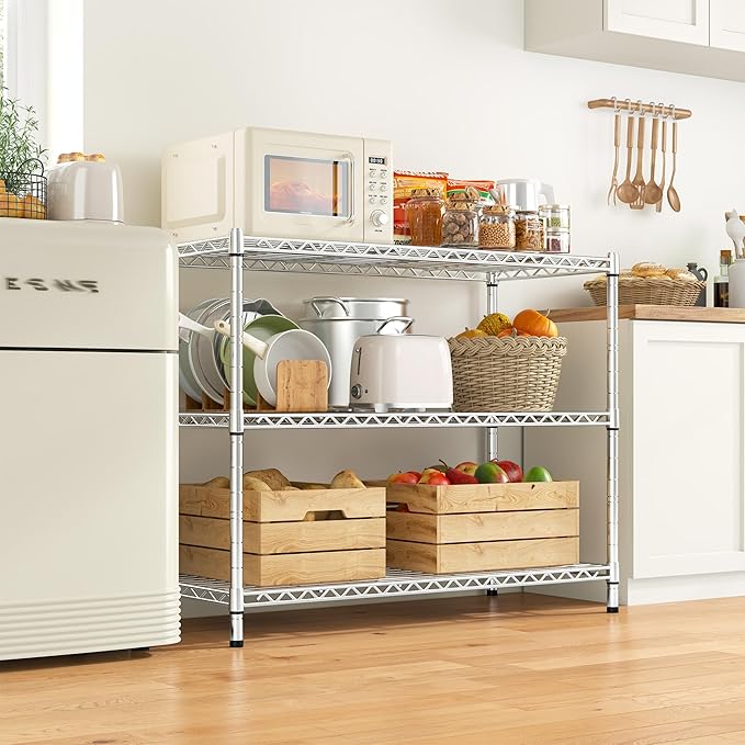 3- Shelf Metal Shelving Unit 35.6Wx14Dx36H,Adjustable Storage Shelves Heavy Duty Garage Steel Shelving for Office,Wire Rack Small Shelf for Kitchen Shelves Laundry Bathroom Pantry Closet,Chrome,2pc