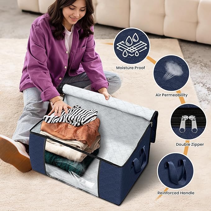 Fab totes Storage Bags,Clothes Blanket Storage Bins Foldable Closet Organizers with Reinforced Handle for Home Dorm Storage and Organization,Fabric Bags for Organizing Sheets,Clothing (Blue,6 Pack)