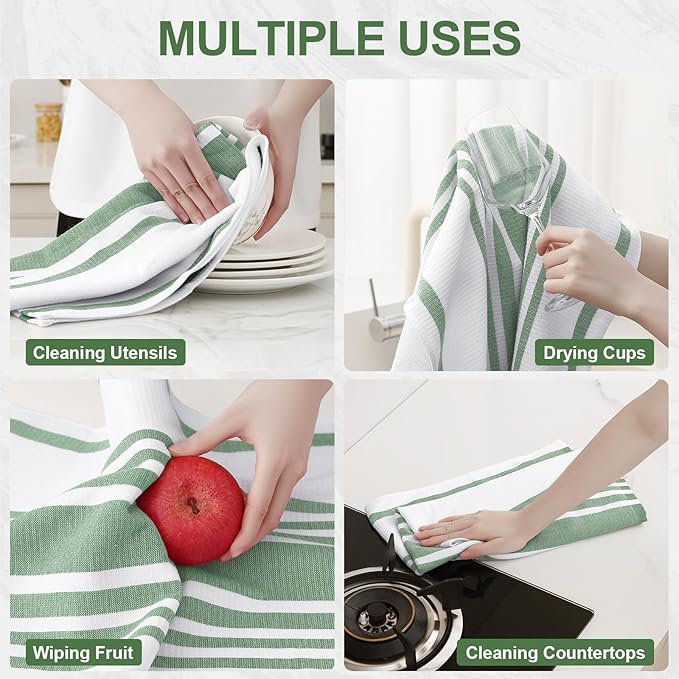Homaxy Premium Kitchen Towels 18”x 28”, Large Cotton 380 GSM Kitchen Hand Towels, Stripe and Terry Dish Towel, Highly Absorbent Tea Towel Set with Hanging Loop, 8 Pack, Grass Green