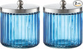 KMwares 2-Pack Glass Bathroom Jars - Blue Stripes Glass with Lids Cotton Ball, Q-Tip, Swab, and Floss Holder - Modern Organizer for Bathroom, Vanity Decorative Countertop Storage (Cobalt Blue)