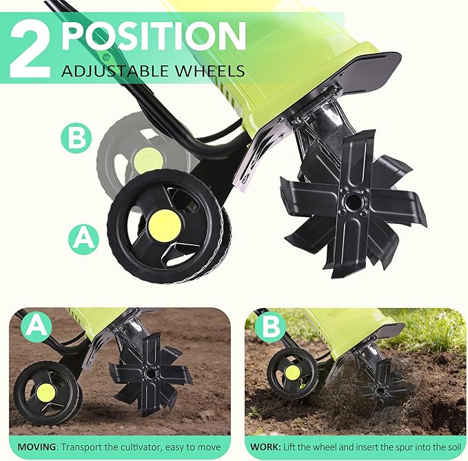 12 Inch Small Electric Corded Garden Tiller Cultivator 13.5 AMP Power Rototiller for Gardening with Adjustable Wheels