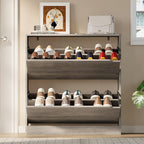 BORNOON Shoe Cabinet with 2 Flip Drawers, Slim Narrow Shoe Storage Cabinet, Freestanding Shoe Organizer with Adjustable & Removable Shelves, Top Display Shelf for Entryway, Hallway, Foyer, Closet